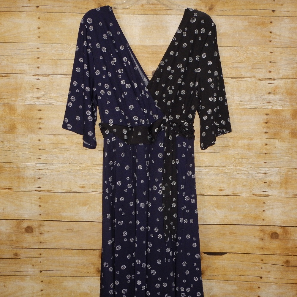Kiyonna Navy Blue Black Polka Dot Surplice Dress